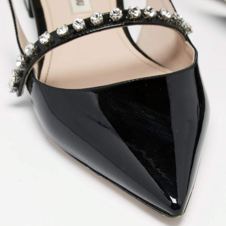 Pre Owned Miu Miu Black Patent Leather Slingback Crystal Embellished Mary Jane Flats Size 39
