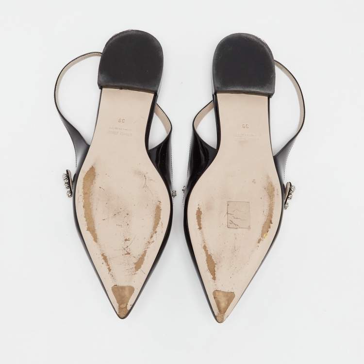 Pre Owned Miu Miu Black Patent Leather Slingback Crystal Embellished Mary Jane Flats Size 39