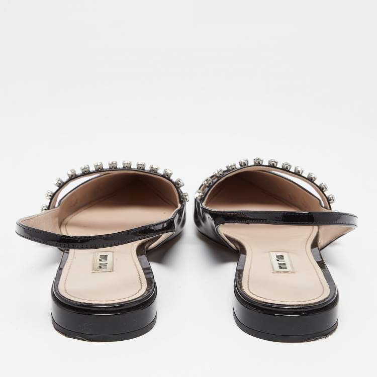 Pre Owned Miu Miu Black Patent Leather Slingback Crystal Embellished Mary Jane Flats Size 39
