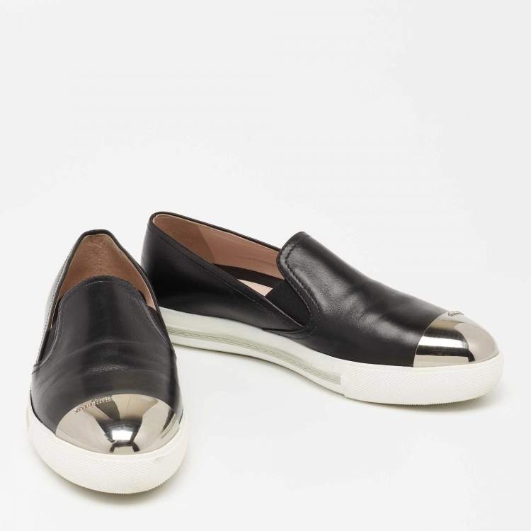 Pre Owned Miu Miu Black Leather Metal Cap Toe Platform Slip On Sneakers Size 39