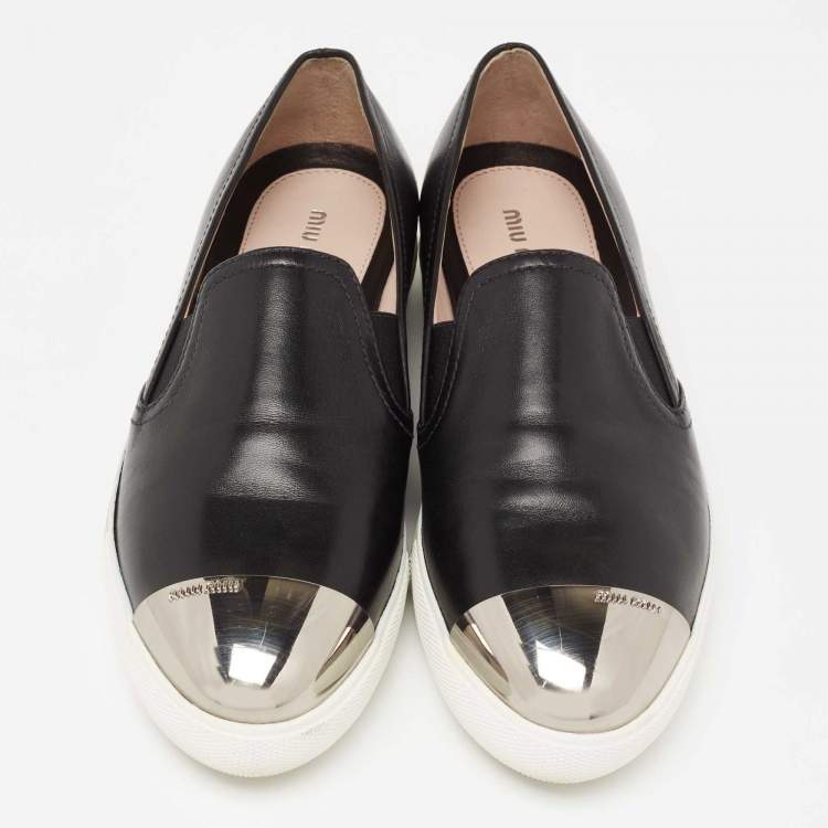 Pre Owned Miu Miu Black Leather Metal Cap Toe Platform Slip On Sneakers Size 39