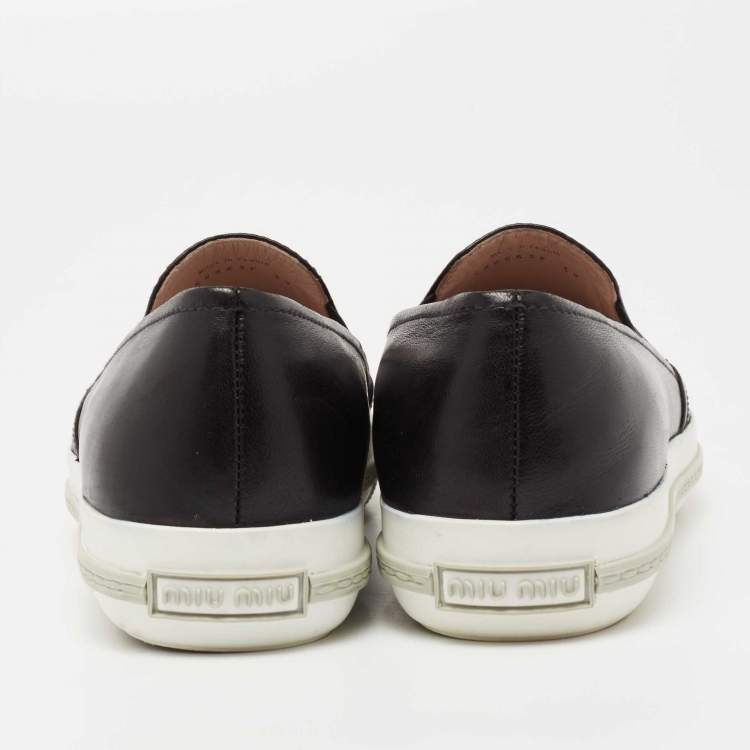 Pre Owned Miu Miu Black Leather Metal Cap Toe Platform Slip On Sneakers Size 39