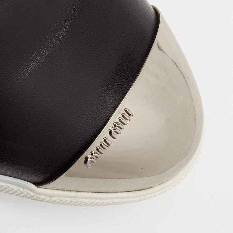 Pre Owned Miu Miu Black Leather Metal Cap Toe Platform Slip On Sneakers Size 39
