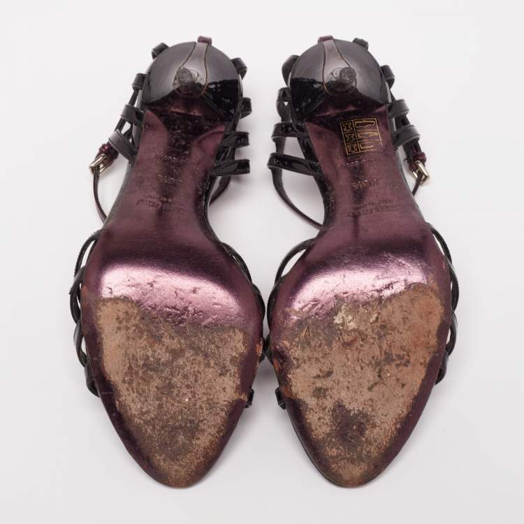 Pre Owned Miu Miu Black/Purple Patent and Leather Strappy Sandals Size 36.5