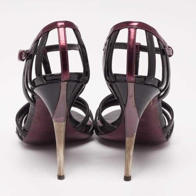 Pre Owned Miu Miu Black/Purple Patent and Leather Strappy Sandals Size 36.5