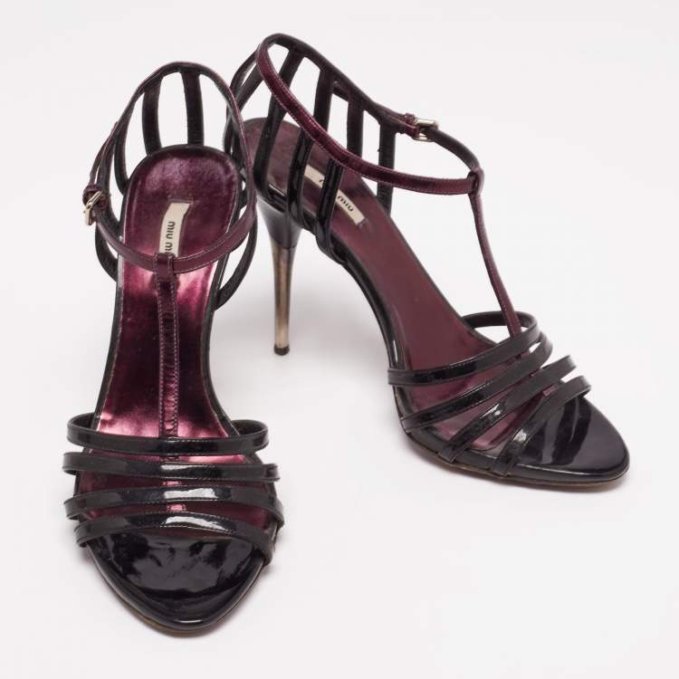 Pre Owned Miu Miu Black/Purple Patent and Leather Strappy Sandals Size 36.5