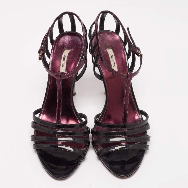 Pre Owned Miu Miu Black/Purple Patent and Leather Strappy Sandals Size 36.5