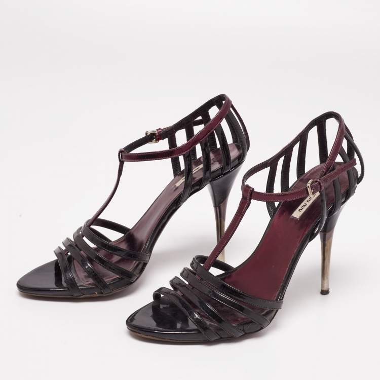 Pre Owned Miu Miu Black/Purple Patent and Leather Strappy Sandals Size 36.5