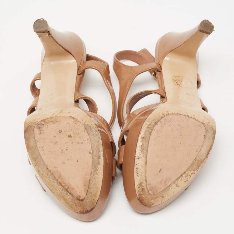Pre Owned Miu Miu Beige Patent Leather Criss Cross Platform Sandals Size 39.5