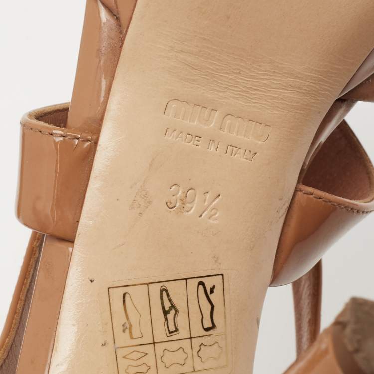 Pre Owned Miu Miu Beige Patent Leather Criss Cross Platform Sandals Size 39.5