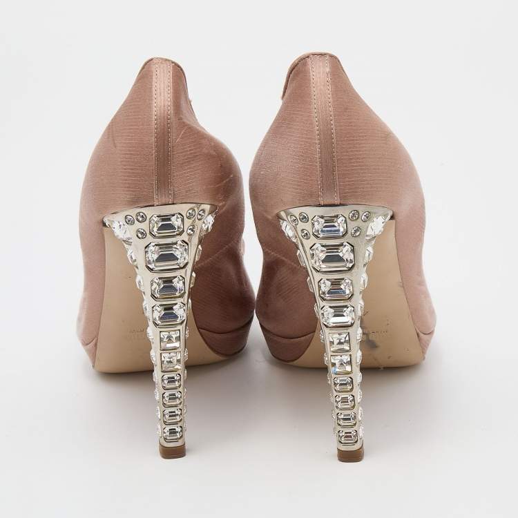 Pre Owned Miu Miu Beige Satin Crystal Embellished Peep Toe Platform Pumps Size 41