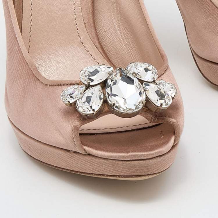 Pre Owned Miu Miu Beige Satin Crystal Embellished Peep Toe Platform Pumps Size 41