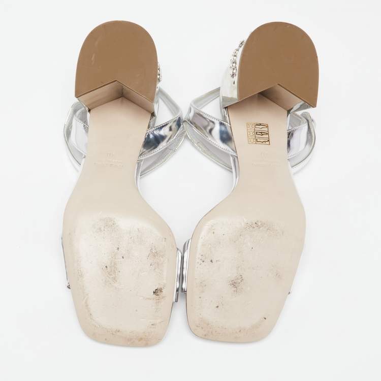 Pre Owned Miu Miu Silver Patent Leather Crystal Embellished Block Heel Ankle Strap Sandals Size 40