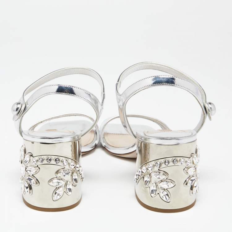 Pre Owned Miu Miu Silver Patent Leather Crystal Embellished Block Heel Ankle Strap Sandals Size 40