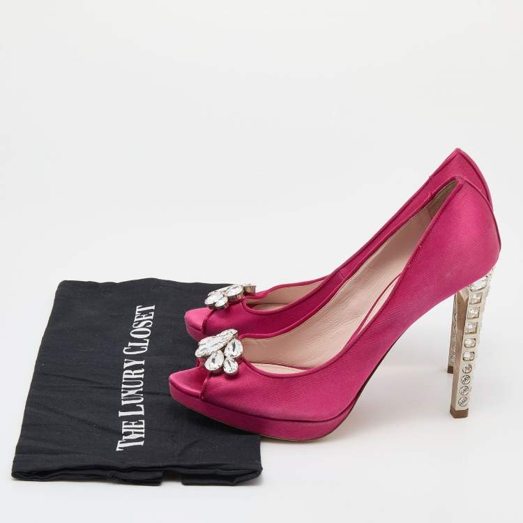 Pre Owned Miu Miu Pink Satin Jewel Embellished Peep Toe Pumps Size 41