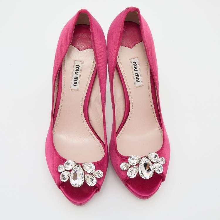 Pre Owned Miu Miu Pink Satin Jewel Embellished Peep Toe Pumps Size 41