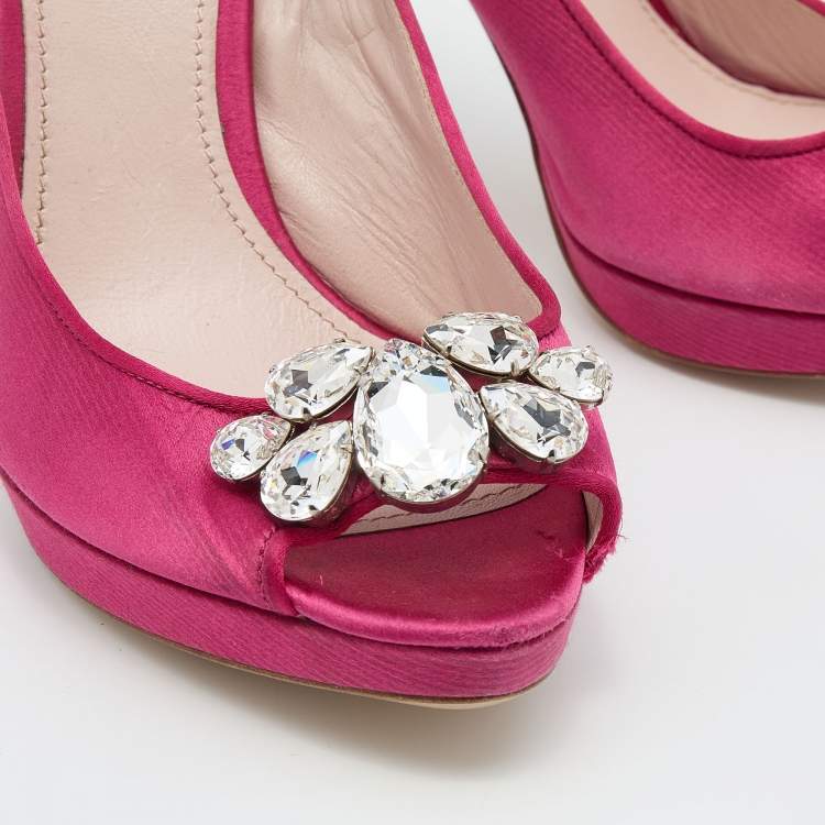 Pre Owned Miu Miu Pink Satin Jewel Embellished Peep Toe Pumps Size 41