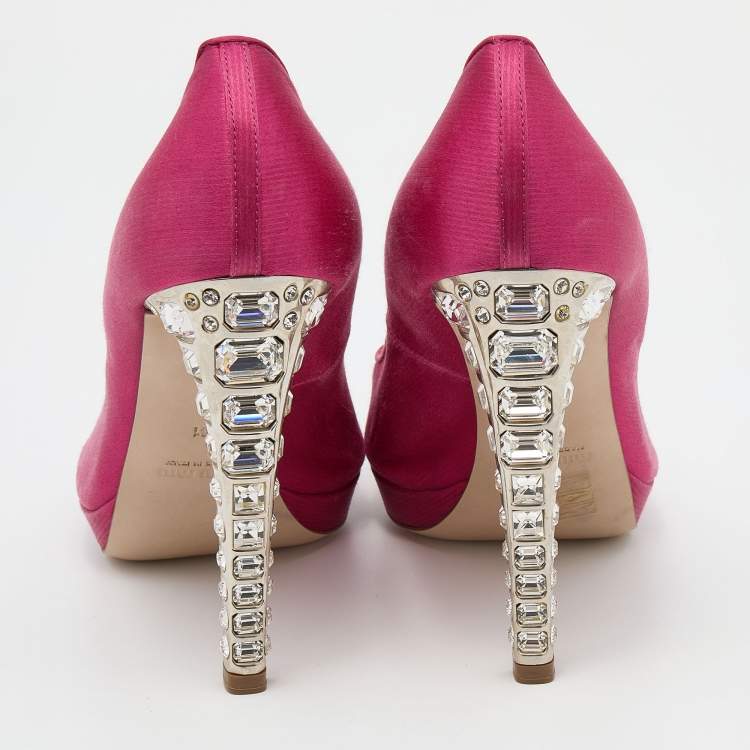 Pre Owned Miu Miu Pink Satin Jewel Embellished Peep Toe Pumps Size 41