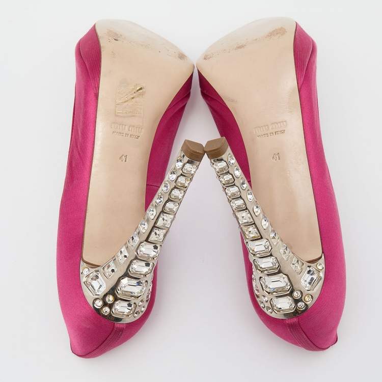 Pre Owned Miu Miu Pink Satin Jewel Embellished Peep Toe Pumps Size 41