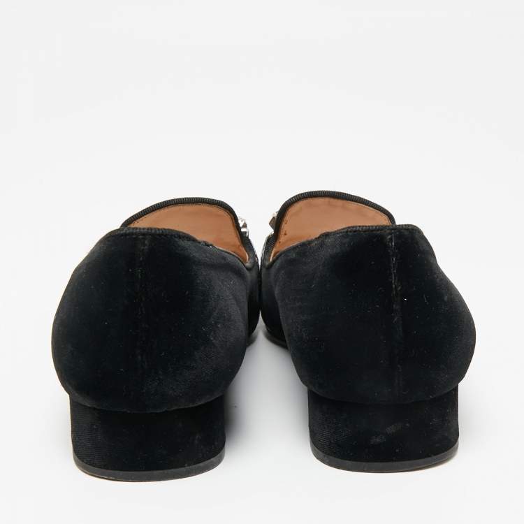 Pre Owned Miu Miu Black Velvet Crystal Embellished Slip On Loafers Size 38