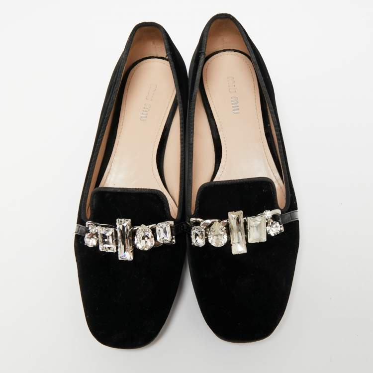 Pre Owned Miu Miu Black Velvet Crystal Embellished Slip On Loafers Size 38