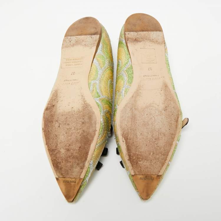 Pre Owned Miu Miu Multicolor Brocade Fabric And Satin Trim Giada Bow Pointed Toe Ballet Flats Size 37