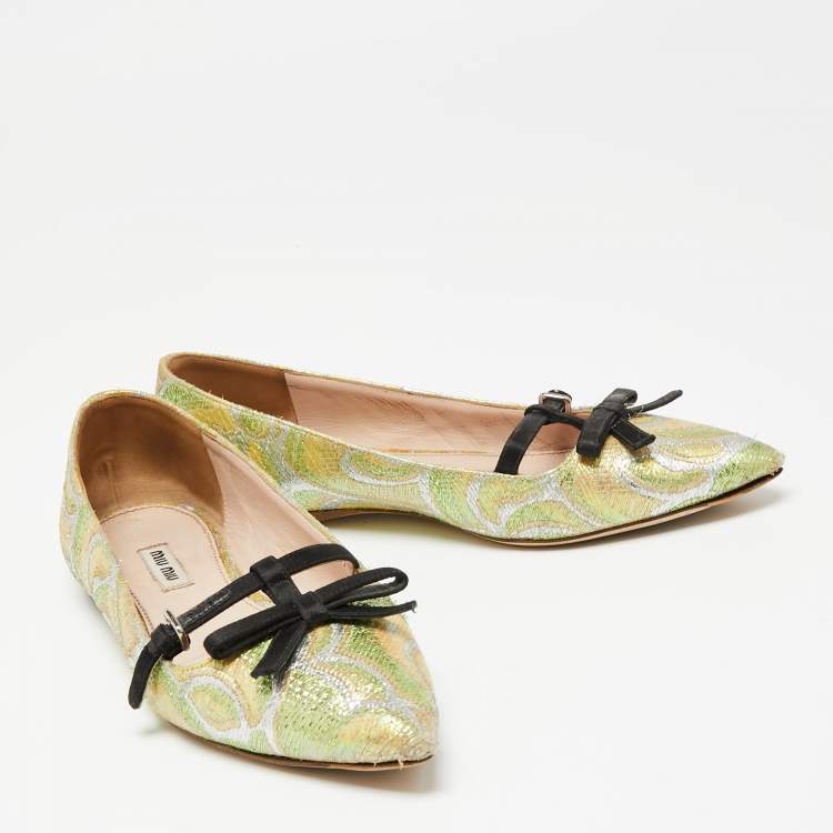 Pre Owned Miu Miu Multicolor Brocade Fabric And Satin Trim Giada Bow Pointed Toe Ballet Flats Size 37