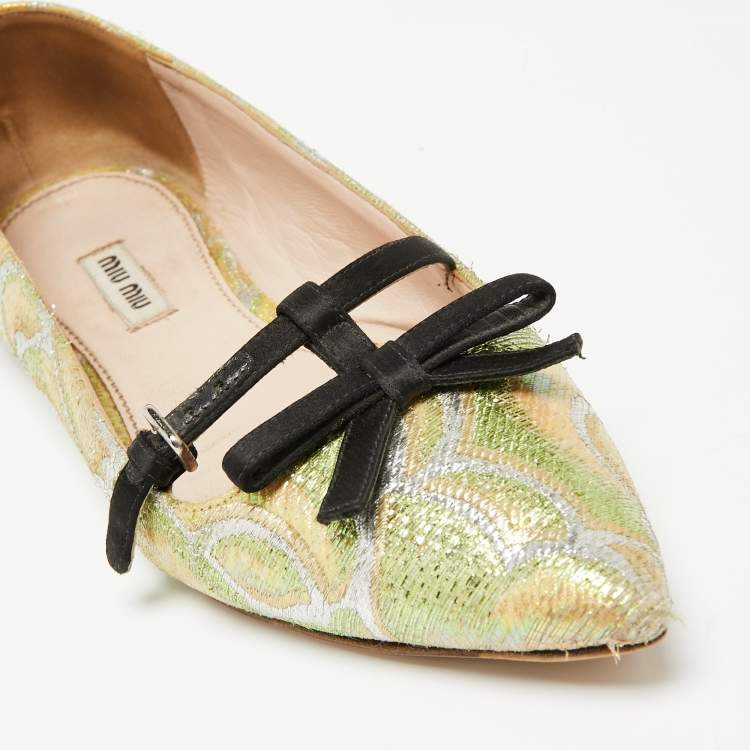 Pre Owned Miu Miu Multicolor Brocade Fabric And Satin Trim Giada Bow Pointed Toe Ballet Flats Size 37