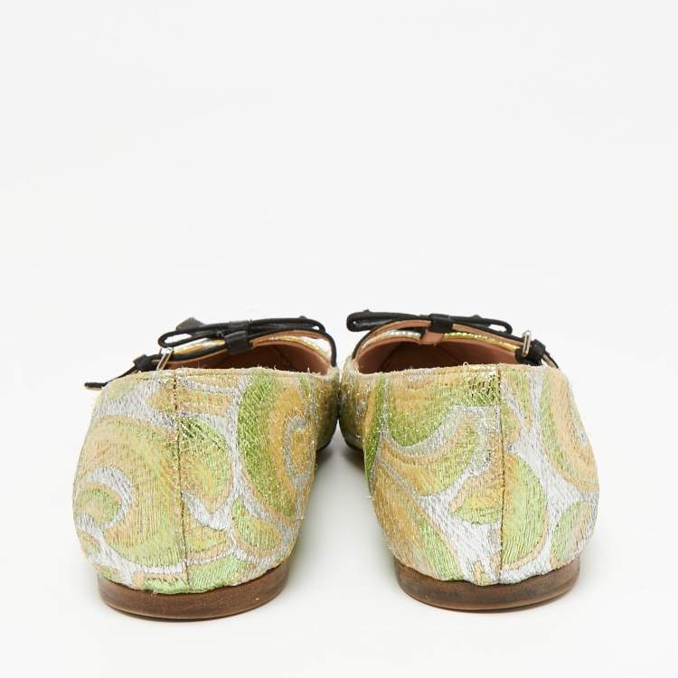 Pre Owned Miu Miu Multicolor Brocade Fabric And Satin Trim Giada Bow Pointed Toe Ballet Flats Size 37