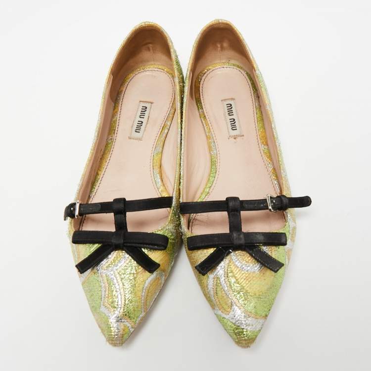 Pre Owned Miu Miu Multicolor Brocade Fabric And Satin Trim Giada Bow Pointed Toe Ballet Flats Size 37