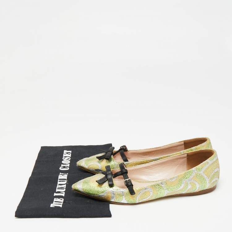 Pre Owned Miu Miu Multicolor Brocade Fabric And Satin Trim Giada Bow Pointed Toe Ballet Flats Size 37