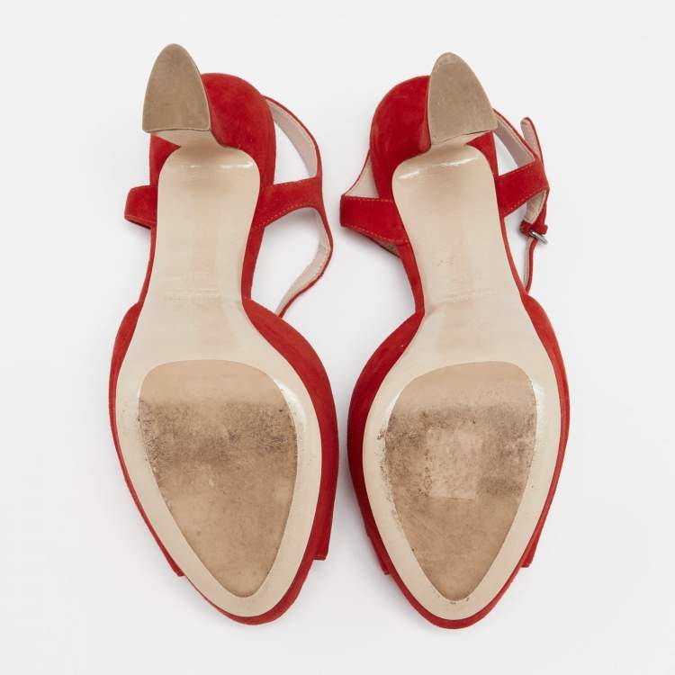 Pre Owned Miu Miu Red Suede Bow Ankle Strap Platform Sandals Size 39.5