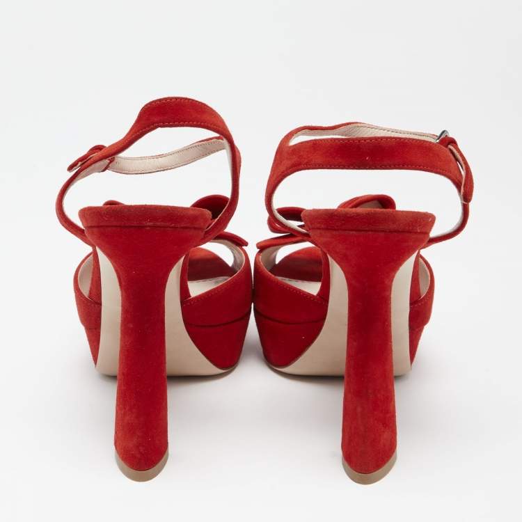 Pre Owned Miu Miu Red Suede Bow Ankle Strap Platform Sandals Size 39.5