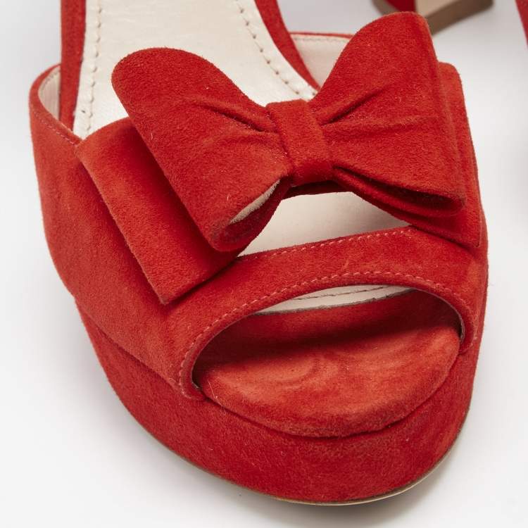 Pre Owned Miu Miu Red Suede Bow Ankle Strap Platform Sandals Size 39.5