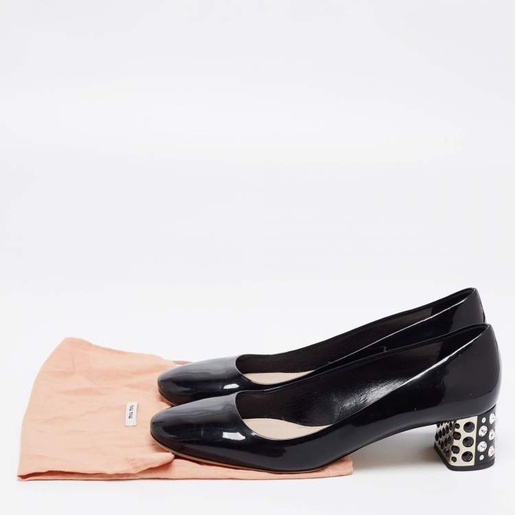 Pre Owned Miu Miu Black Patent Leather Crystal Embellished Block Heel Pumps Size 39
