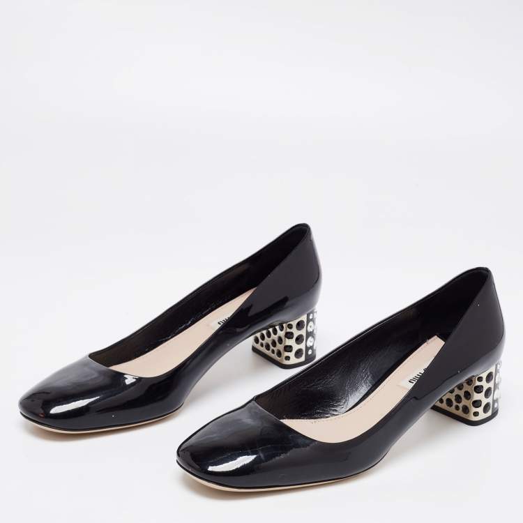 Pre Owned Miu Miu Black Patent Leather Crystal Embellished Block Heel Pumps Size 39