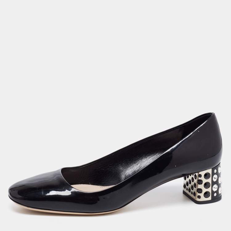Pre Owned Miu Miu Black Patent Leather Crystal Embellished Block Heel Pumps Size 39