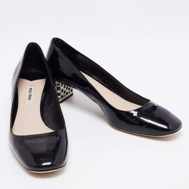 Pre Owned Miu Miu Black Patent Leather Crystal Embellished Block Heel Pumps Size 39