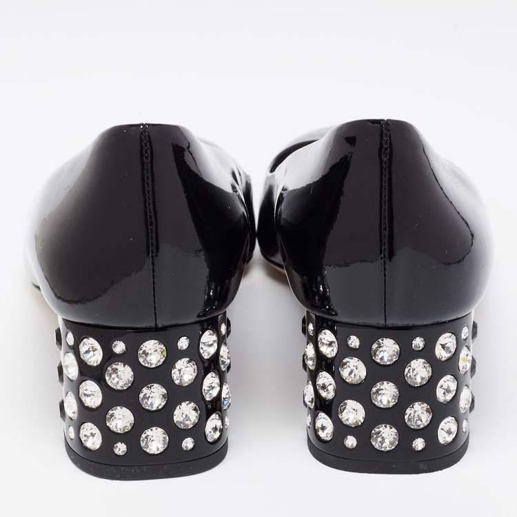 Pre Owned Miu Miu Black Patent Leather Crystal Embellished Block Heel Pumps Size 39