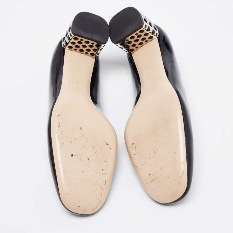 Pre Owned Miu Miu Black Patent Leather Crystal Embellished Block Heel Pumps Size 39