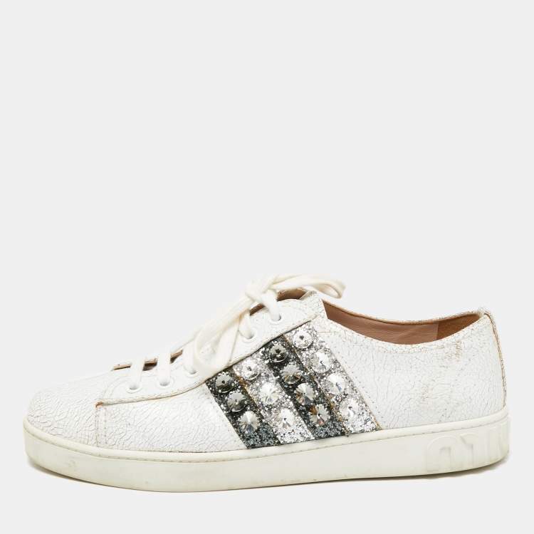 Pre Owned Miu Miu White Crackled Leather And Glitter Stripe Crystal Embellished Low Top Sneakers Size 37.5