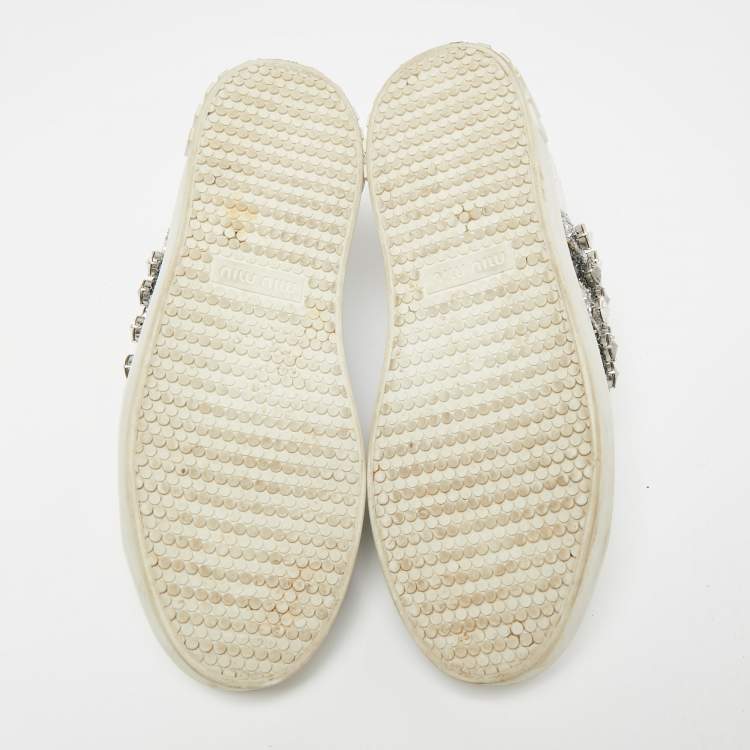 Pre Owned Miu Miu White Crackled Leather And Glitter Stripe Crystal Embellished Low Top Sneakers Size 37.5