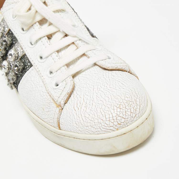 Pre Owned Miu Miu White Crackled Leather And Glitter Stripe Crystal Embellished Low Top Sneakers Size 37.5