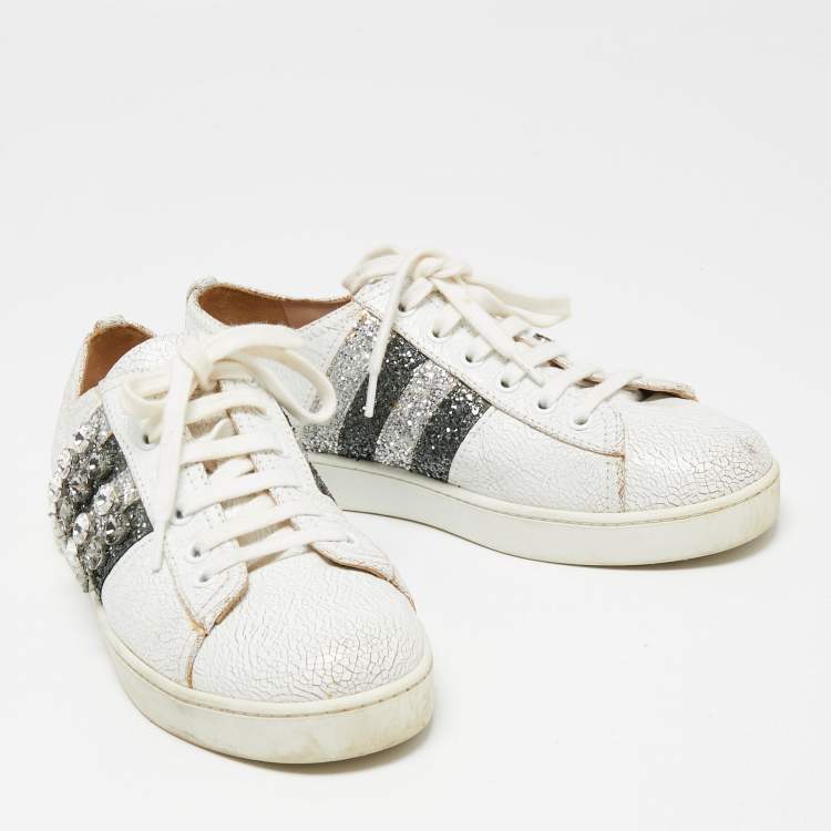 Pre Owned Miu Miu White Crackled Leather And Glitter Stripe Crystal Embellished Low Top Sneakers Size 37.5