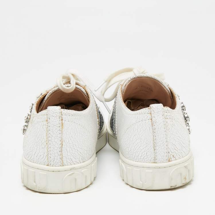 Pre Owned Miu Miu White Crackled Leather And Glitter Stripe Crystal Embellished Low Top Sneakers Size 37.5