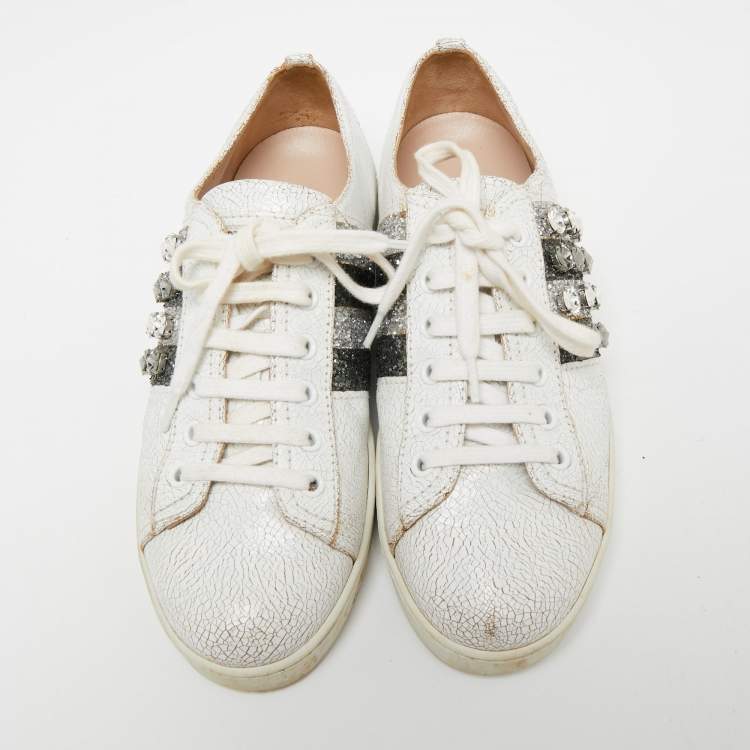 Pre Owned Miu Miu White Crackled Leather And Glitter Stripe Crystal Embellished Low Top Sneakers Size 37.5