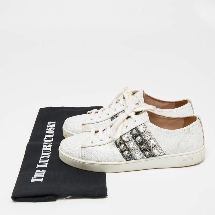 Pre Owned Miu Miu White Crackled Leather And Glitter Stripe Crystal Embellished Low Top Sneakers Size 37.5