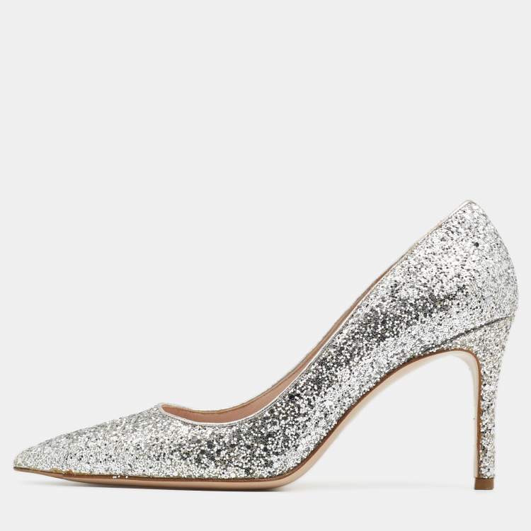 Pre Owned Miu Miu Silver Coarse Glitter Pumps Size 37