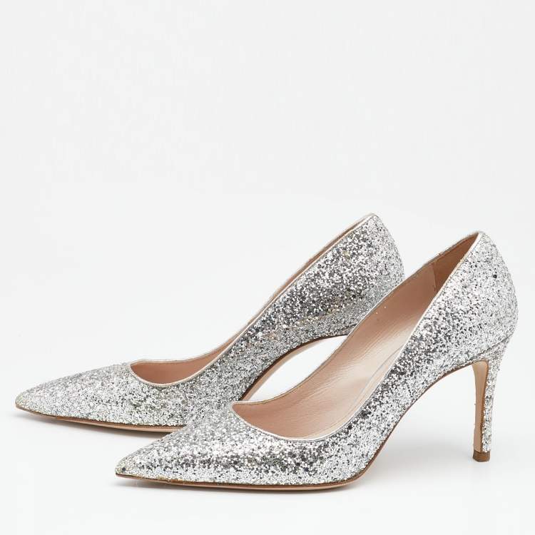 Pre Owned Miu Miu Silver Coarse Glitter Pumps Size 37