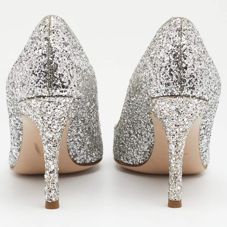 Pre Owned Miu Miu Silver Coarse Glitter Pumps Size 37